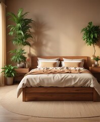 Fototapeta premium Cozy double bed in light brown bedroom with plants, cozy reading nook, soft furnishings, calming atmosphere