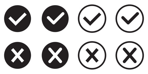 Right or wrong icons. Green tick and red cross checkmarks. Yes or no symbol, approved or rejected icon for user interface.