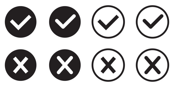 Right or wrong icons. Green tick and red cross checkmarks. Yes or no symbol, approved or rejected icon for user interface.