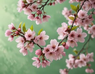 Cherry blossom branches with delicate pink flowers against a soft green background, trees in bloom, cherry blossoms, pastel colors