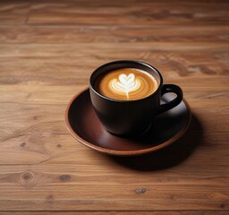 Obraz premium Ceramic black coffee cup on a brown wooden desk , coffee, office, home decor