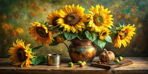 Retro sunflower bouquet art print: a vintage oil painting capturing antique floral still life beauty. © Autun