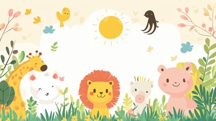 Fototapeta premium Cartoon Animal Border Background - A Whimsical Frame for Colorful and Playful Scenes. The Adorable Cartoon Animals Forming the Border, with Their Cheerful Expressions and Cute Shapes 