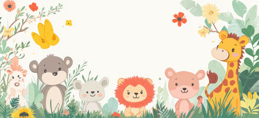 Fototapeta premium Cartoon Animal Border Background - A Whimsical Frame for Colorful and Playful Scenes. The Adorable Cartoon Animals Forming the Border, with Their Cheerful Expressions and Cute Shapes 