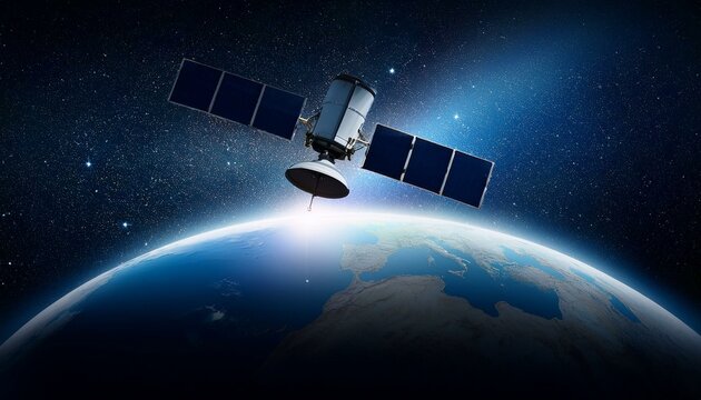 A satellite floating in dark space illuminates the curved surface of the Earth, emitting brilliant light.