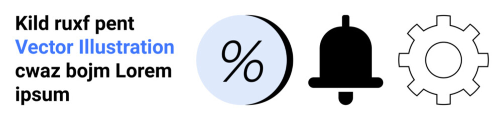 Percentage symbol inside circle, bell icon, and gear, all representing key functional areas. Ideal for finance, notifications, settings, UIUX, web design, apps, education, and marketing. Landing page