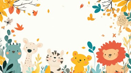 Cartoon Animal Border Background - A Whimsical Frame for Colorful and Playful Scenes. The Adorable Cartoon Animals Forming the Border, with Their Cheerful Expressions and Cute Shapes