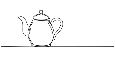 Teapot in continuous line art drawing style. Herbal tea black linear design isolated on white background. Vector illustration, Teapot. Continuous line drawing, Teapot with Steam. Single Line Drawing.