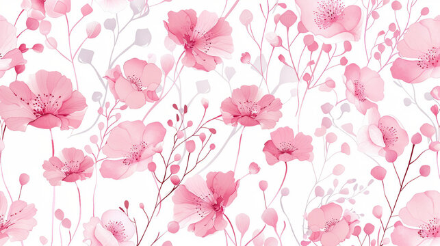 A seamless floral pattern featuring pastel pink flowers with an abstract botanical design, perfect for textile print, home decor, or wallpaper use in a sophisticated botanical garden setting.