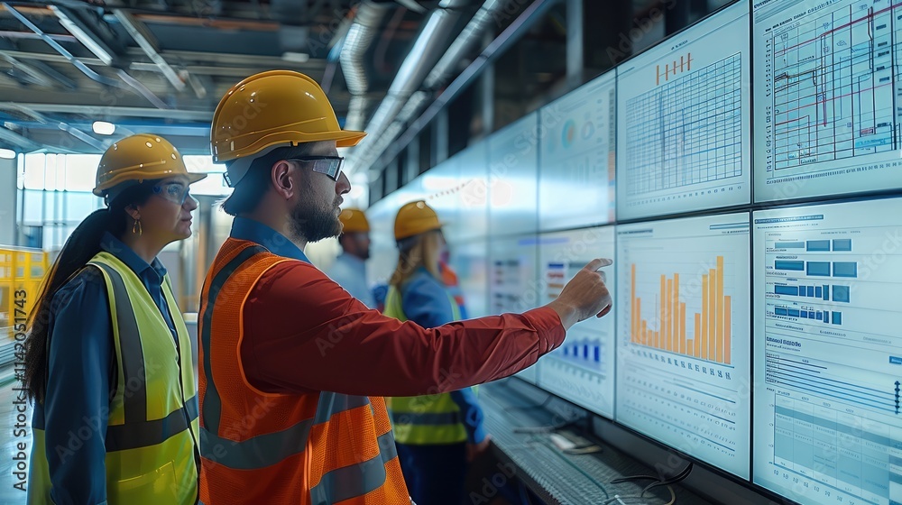 Fototapete a group of construction professionals gathered around a large screen displaying key performance metr