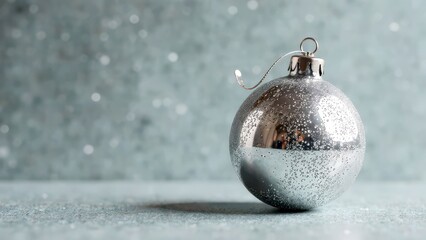 Shimmering silver christmas ornament against glittery background