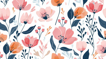 A seamless floral pattern featuring pastel pink flowers with an abstract botanical design, perfect for textile print, home decor, or wallpaper use in a sophisticated botanical garden setting.