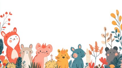 Naklejka premium Cartoon Animal Border Background - A Whimsical Frame for Colorful and Playful Scenes. The Adorable Cartoon Animals Forming the Border, with Their Cheerful Expressions and Cute Shapes