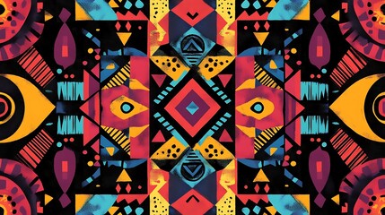 Vibrant symmetrical geometric textile pattern.