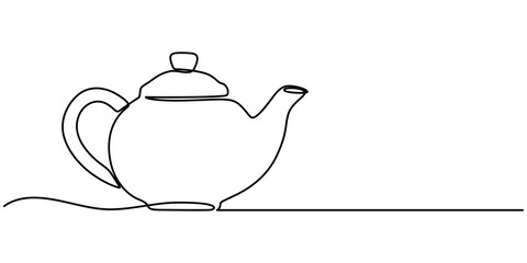 Teapot in continuous line art drawing style. Herbal tea black linear design isolated on white background. Vector illustration, Teapot. Continuous line drawing, Teapot with Steam. Single Line Drawing.