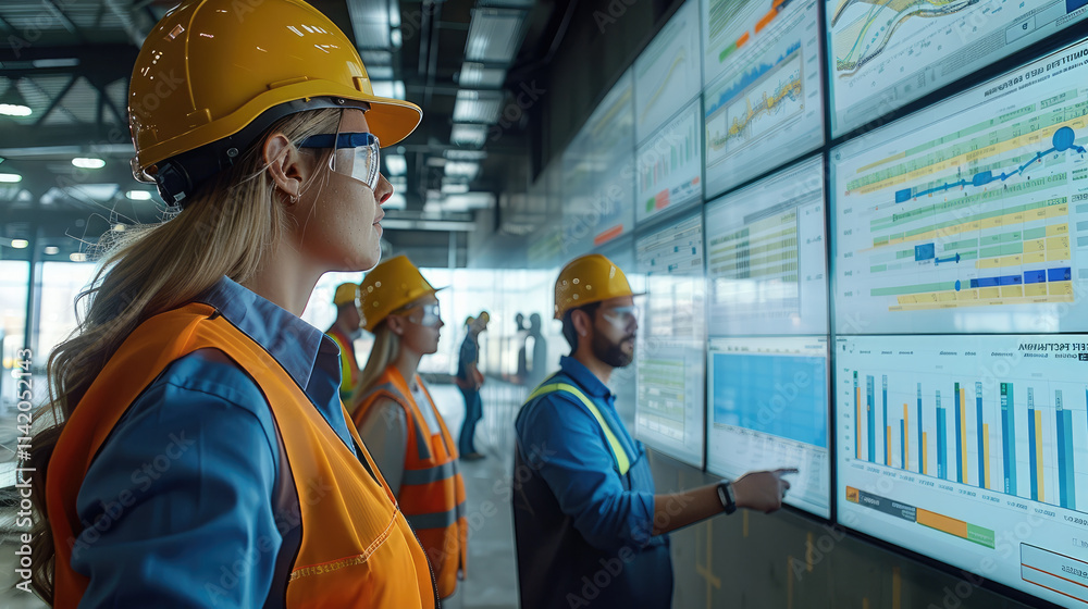 Fototapete a group of construction professionals gathered around a large screen displaying key performance metr