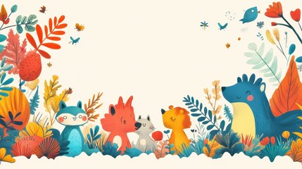 Fototapeta premium Cartoon Animal Border Background - A Whimsical Frame for Colorful and Playful Scenes. The Adorable Cartoon Animals Forming the Border, with Their Cheerful Expressions and Cute Shapes