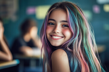 Obraz premium Portrait of smiling young girl with trendy dyed colored hair close-up looking at camera