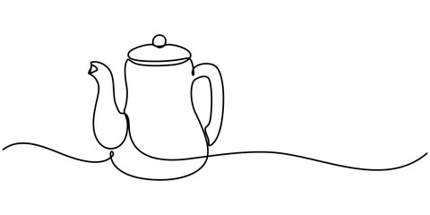 Teapot in continuous line art drawing style. Herbal tea black linear design isolated on white background. Vector illustration, Teapot. Continuous line drawing, Teapot with Steam. Single Line Drawing.
