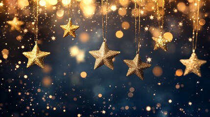 Festive Christmas gold garlands, dust, sparkle, and a star. Decorative element for greeting cards, invitations, backgrounds, business cards. Winter collection Christmas background. Light glow sparkl.