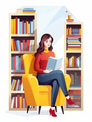 Woman immersed in reading a book on a cozy yellow armchair, surrounded by colorful bookshelves, epitomizing the joy of learning and the comfort of a personal library.
