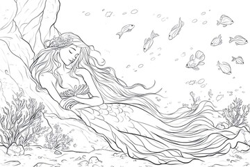 Obraz premium Line art illustration of a mermaid sleeping peacefully underwater, surrounded by fish and coral, ideal for coloring books or artistic projects