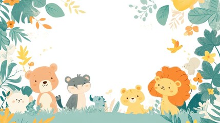 Naklejka premium Cartoon Animal Border Background - A Whimsical Frame for Colorful and Playful Scenes. The Adorable Cartoon Animals Forming the Border, with Their Cheerful Expressions and Cute Shapes