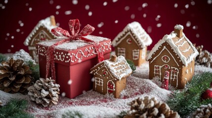 Gift box and gingerbread houses on the red background and snow. Selective focus