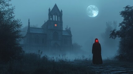 Spooky hooded figure with glowing eyes by church at night.