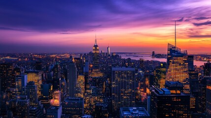 Bright glowing lights of district in megapolis under dusk sky in evening on blurred background