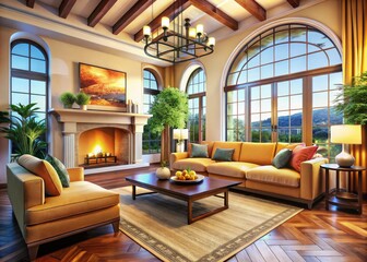 Modern Mediterranean design: fireplace warms a stylish sofa beneath an arched window, inviting relaxation.