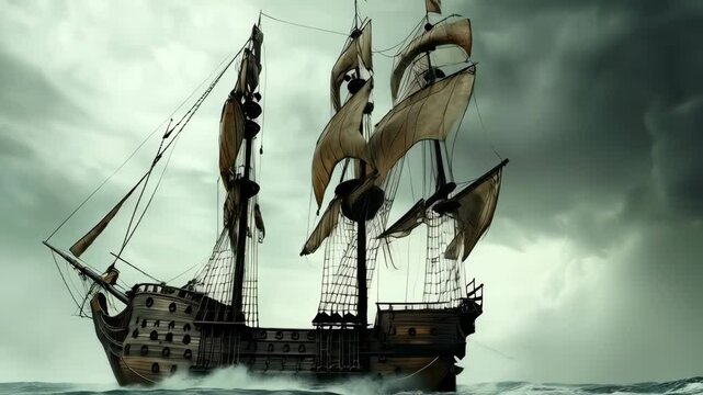A majestic 17th century sailing ship on a stormy ocean in the evening