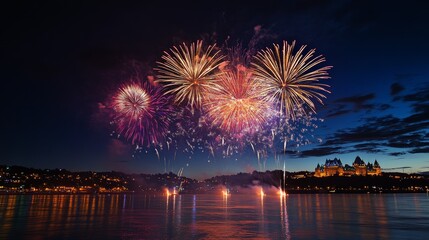 Fireworks on the dark sky background. Colorful fireworks from Loto Quebec in Quebec, Canada. Abstract colored firework background with free space for text. fireworks light up the night sky
