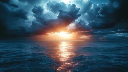 Fototapeta premium Beautiful stormy cloudy sky sunset, navy and blue reflections.