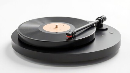 Sleek modern black turntable with vinyl record on white background