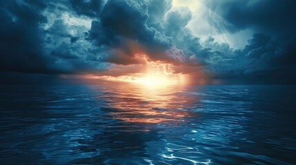 Obraz premium Beautiful stormy cloudy sky sunset, navy and blue reflections.