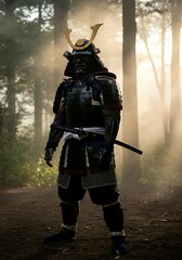 Fototapeta premium A samurai in full traditional armor leaps mid-air with a katana, stormy winds swirling leaves and rain, emphasizing power, discipline, and motion. 