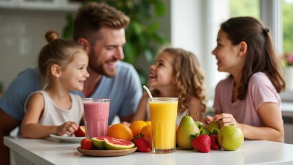 A family enjoying homemade smoothies at a breakfast table, with vibrant fruit ingredients displayed nearby