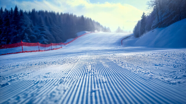 une large piste de ski fra&icirc;chement dam&eacute;e - vacances aux sports d'hiver