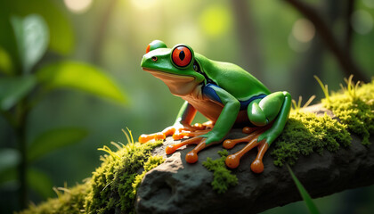 Obraz premium Vibrant Green Frog on a Mossy Log in Nature