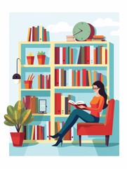 Woman enjoying a peaceful reading session in a vibrant library, surrounded by colorful bookshelves and decorative elements, highlighting the importance of continuous learning and relaxation.
