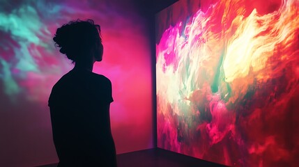 Woman silhouetted against vibrant, colorful projections.