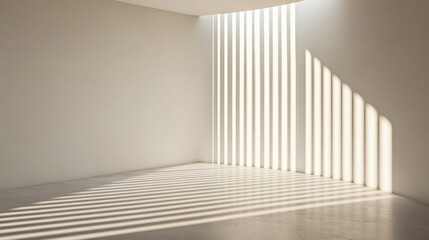 Fototapeta premium Indoor Space with Soft Natural Light Creating Striking Shadow Patterns on Minimalist White Walls and Floor in a Contemporary Setting