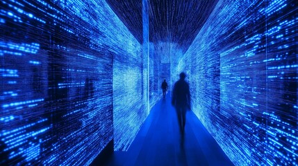 Abstract blue digital field with neon data flows and algorithmic patterns