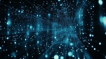 Abstract dark blue background with glowing data points and network grids, visualizing the complexity and depth of big data analytics