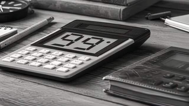 Monochrome Classic A classic black and white calculator resting on a vintage style desk its pixelated display showing 99 in stark contrast surrounded by oldfashioned stationery