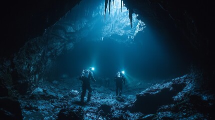 Two people are in a cave with blue water