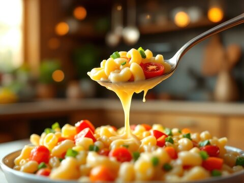 Creamy macaroni salad with cherry tomatoes and chives for summer gatherings