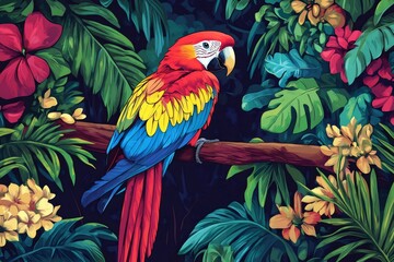 Fototapeta premium Vibrant macaw resting on a branch amidst exotic foliage and flowers in a tropical rainforest