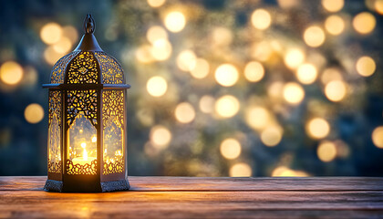 An Islamic Ramadan Kareem lantern with a burning candle illuminated the night sky. Ai generative